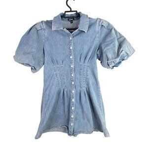 Womens Express Blue Denim Corset Mini Shirt Dress Puff Sleeve Button Up Size L